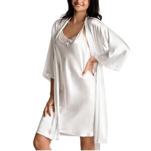 Womens Linea Donatella Mrs. Wrap Chemise Robe Nightgown Ivory,Blue M